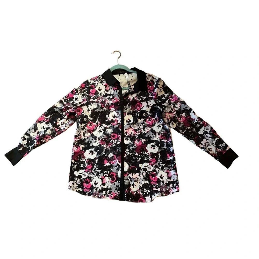 Kensie Button Dow Shirt  Women's Size L‎ Black Floral Collared Polyester Top